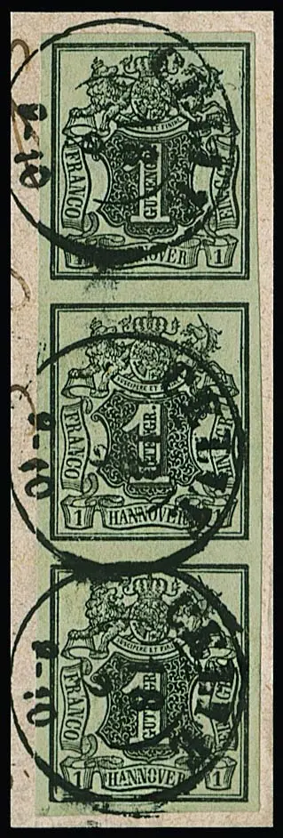 1 Ggr. brun-vert clair, bande verticale de trois sur fragment de lettre de cabinet avec K2 noir "Celle", timbre inférieur avec défaut de plaque dans le coin inférieur gauche