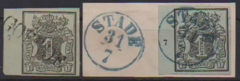 1 Ggr. noir/vert-gris (bon noir L1 "Goehrde"), et sur vert-mer (pièce de lettre de cabinet avec K1 "Stade"), chacun du bord gauche de feuille avec numéro de rangée "7" dans des positions différentes