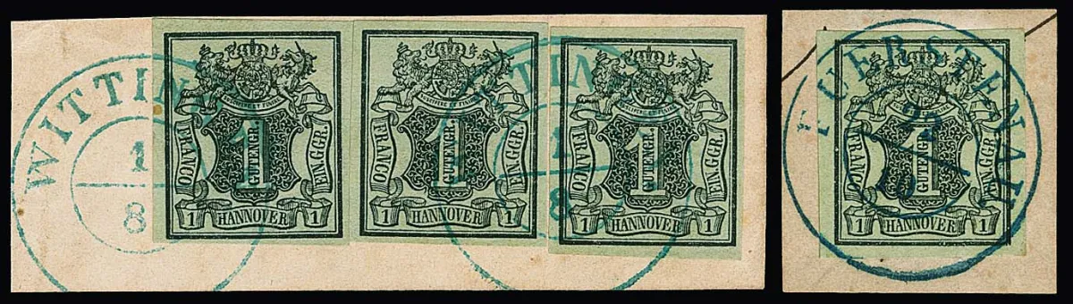 1 Ggr. noir/vert-gris ou trois fois sur vert-mer, 13 timbres chacun sur fragments de lettre ainsi que six timbres détachés, dont pièces de lettre de luxe, noir L1 "Elze" etc.