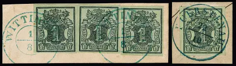 1 Ggr. noir/vert-gris ou trois fois sur vert-mer, 13 timbres chacun sur fragments de lettre ainsi que six timbres détachés, dont pièces de lettre de luxe, noir L1 "Elze" etc.