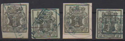 1 Ggr. noir/vert-gris, quatre valeurs avec petits défauts de plaque, chacune précisément décrite