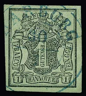 1 Ggr. black/grey-green, inverted watermark, cabinet piece with K1 "Harburg", photo certificate Berger. Mi. 300,-