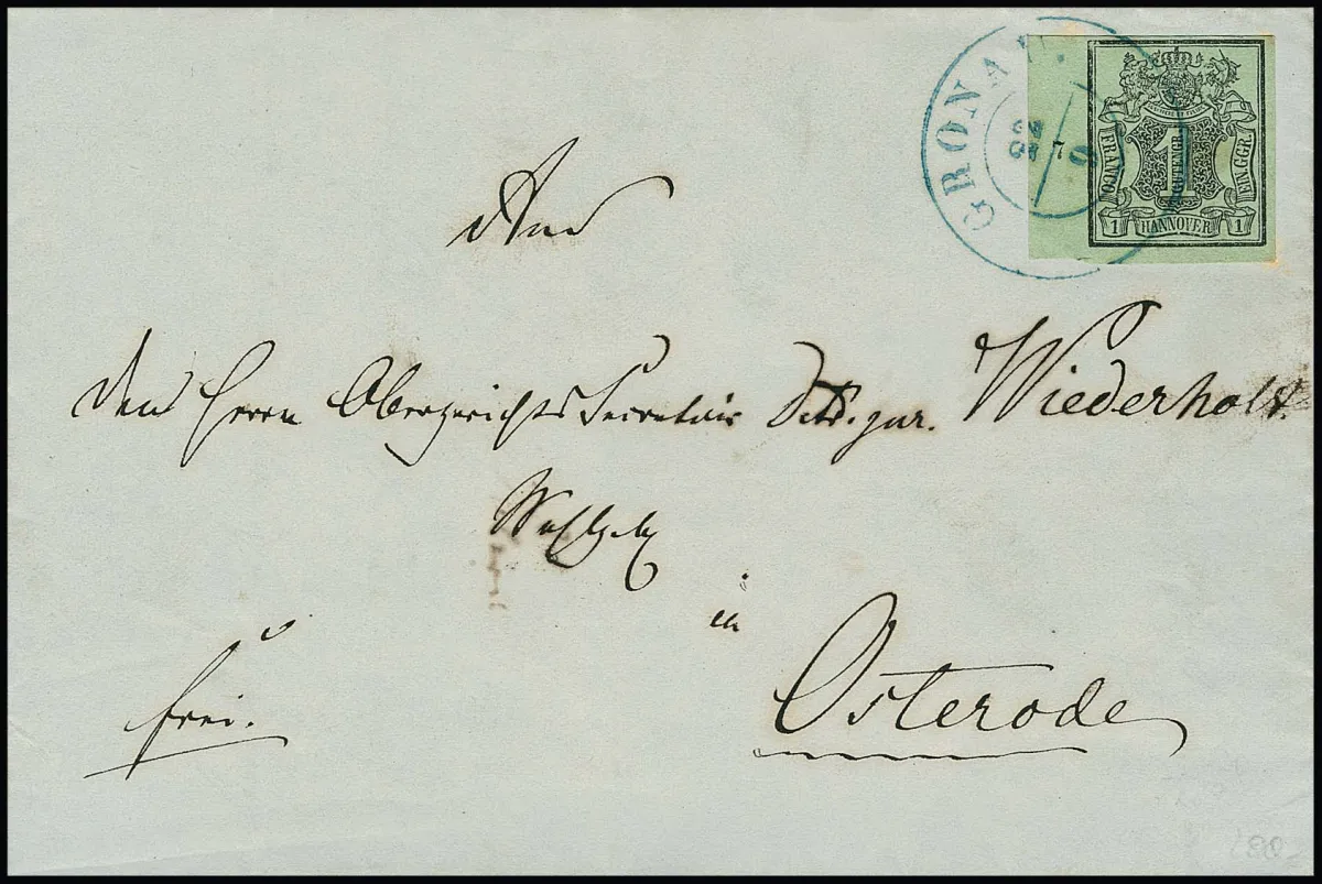 1 Ggr. zwart/zeegroen van linkermarge vel (rijnummer "7") op kabinetbrief van Gronau naar Osterode, gesigneerd Krause