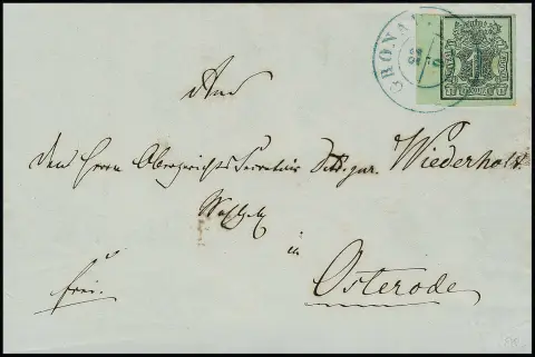 1 Ggr. noir/vert-mer du bord gauche de feuille (numéro de rangée "7") sur lettre de cabinet de Gronau à Osterode, signé Krause
