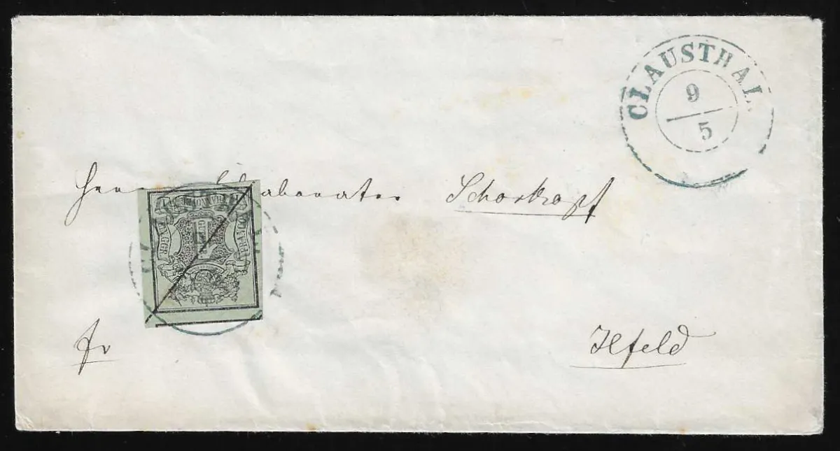 1 Ggr. zwart/zeegroen, zeer diepe nuance, overmarges, met K2 "Clausthal" en inktlijnen op envelop naar Ilfeld