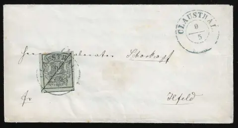 1 Ggr. noir/vert-mer, nuance très profonde, marges dépassantes, avec K2 "Clausthal" et lignes à l'encre sur enveloppe pour Ilfeld