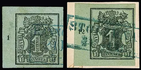 1 Ggr. noir/vert-mer, coin supérieur gauche et coin inférieur gauche de feuille, ce dernier sur pièce de lettre de cabinet avec Ra2 "Stolzenau", avec numéros de rangée "1" et "12"