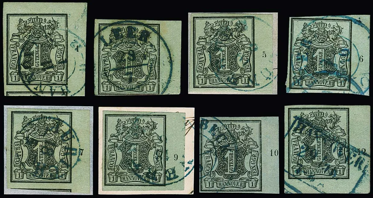 1 Ggr. dark/sea-green, eight used right margin pieces with row numbers "1", "2" (bottom left), "5", "6", "7", "9", "10" and "12" (large bottom right sheet corner)