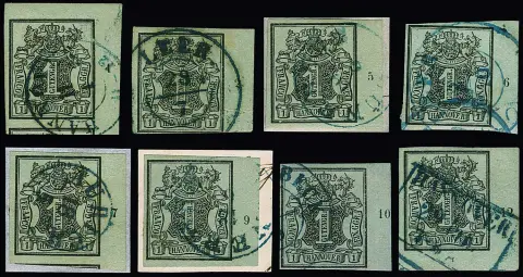 1 Ggr. brun-noir/vert mer, huit pièces de bord droit oblitérées avec numéros de rangée "1", "2" (en bas à gauche), "5", "6", "7", "9", "10" et "12" (grand coin inférieur droit de la feuille)