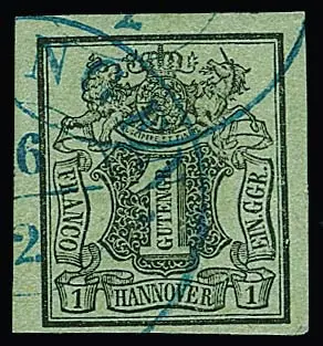 1 Ggr. brun-noir/vert mer, filigrane inversé, oblitéré, rare malgré une petite tache claire. Mi. 750,-