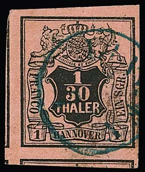 1/30 Th. dark/salmon, oversized cabinet piece (typical "hannoverhell", no fault) with parts of three neighbouring stamps