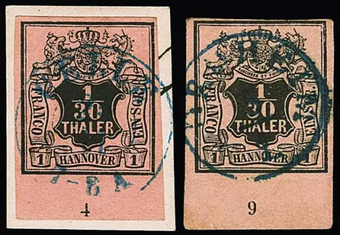 1/30 Th. brun-noir/saumon, six grandes pièces de bord inférieur avec numéros de rangée "2", "3", "4", "6", "8" (à droite frotté) et "9"
