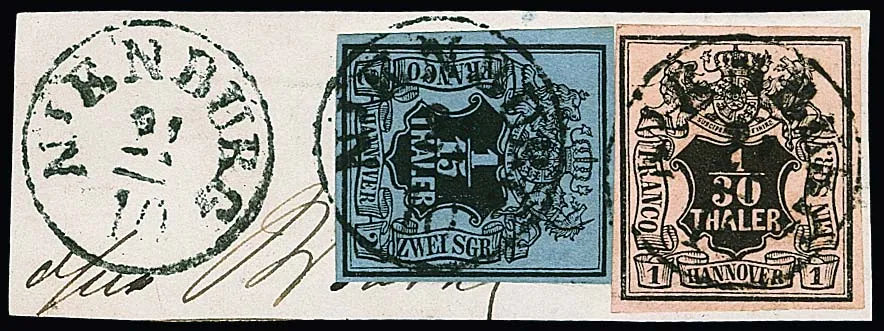 1/30 Th. brown/salmon and 1/15 Th. brown/grey-blue on cabinet letter piece with black K1 "Nienburg", a rare combination with this cancellation, signed R.F. Engel, ex coll. Walter Engel