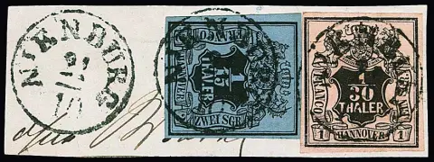 1/30 Th. brun/lachsalmon et 1/15 Th. brun/gris-bleu sur fragment de lettre de cabinet avec K1 noir "Nienburg", combinaison rare avec cette oblitération, signé R.F. Engel, ex coll. Walter Engel