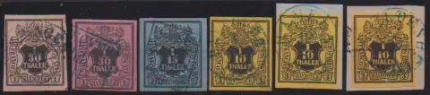 1/30 Th. (2) à 1/10 Th., émission complète de l'Union postale en état cabinet très frais oblitérée, mais avec restes de gomme au verso, donc non lavée, plus deux fragments de lettre 1/10 Th. en nuances très différentes, chacun cabinet. Mi. 450,-