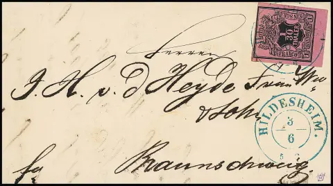 1/30 Th. brun/rouge framboise du bord inférieur avec numéro de rangée "1" sur magnifique petite lettre avec K2 "Hildesheim"