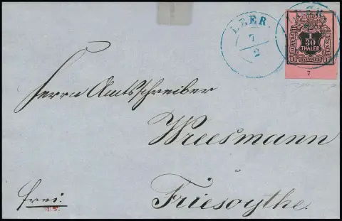 1/30 Th. brun/rouge framboise, pièce de cabinet du bord inférieur de feuille avec numéro de rangée "7" sur lettre pliée (milieu haut scotch) de Leer, photo-exp. Berger "irréprochable"
