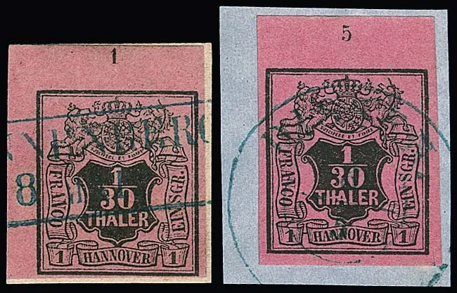 1/30 Th. black/raspberry red, four used top margin pieces with row numbers "1" (upper left sheet corner on cabinet letter piece, signed Bühler, Thier), "2"…