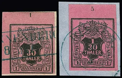 1/30 Th. noir/rouge framboise, quatre pièces de bord supérieur oblitérées avec numéros de rangée "1" (coin supérieur gauche de feuille sur fragment de lettre de cabinet, signé Bühler, Thier), "2"…