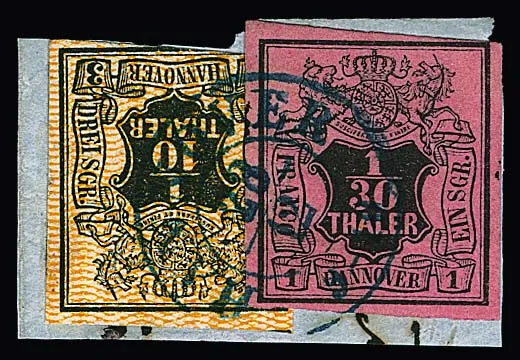1/30 Th. black/raspberry red, superb piece in mixed franking with 1/10 Th. black/orange (cut at bottom) on letter piece with clear blue K2 "Hannover",…