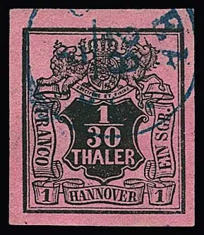 1/30 Th. noir/rouge framboise, rare filigrane inversé, pièce de cabinet aux larges marges avec K1 "Osterode", le timbre encore partiellement gommé, Mi. 300,-