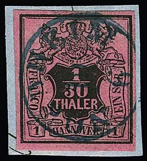 1/30 Th. noir/rouge framboise, filigrane inversé, sur fragment de lettre de cabinet avec K1 "Nordheim", certificat Berger. Mi. 300,-