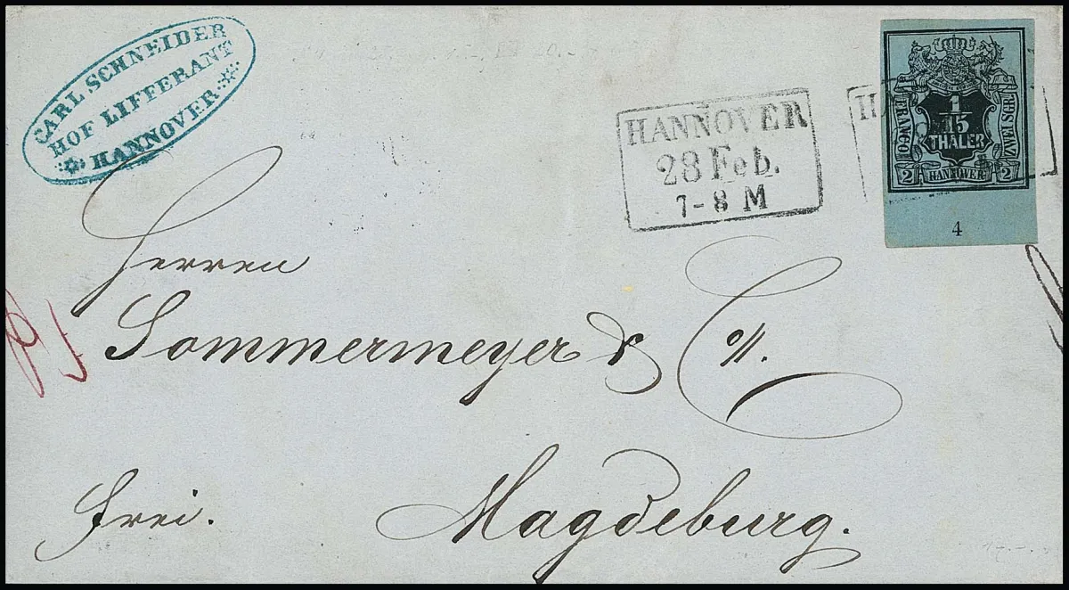 1/15 Th. černá/šedomodrá se širokým dolním okrajem archu a číslem řady "4" na kabinetním dopise s černým Ra3 "Hannover" 1852