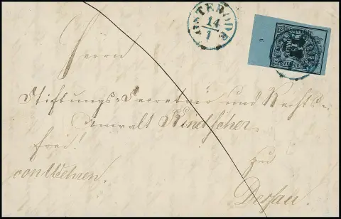 1/15 Th. noir/bleu-gris, chaque pièce de bord de feuille magnifique, n° "2" en haut et "6" en bas, sur deux lettres (une fois au verso sans rabats latéraux) avec K1 "Osterode"