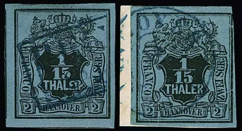 1/15 Th. noir/bleu-gris, défauts de plaque "R mutilé" et "cassure de plaque en bas" (très marqué, en haut à droite coupe minimale de ligne de bord) chaque obl. Mi. 700,-
