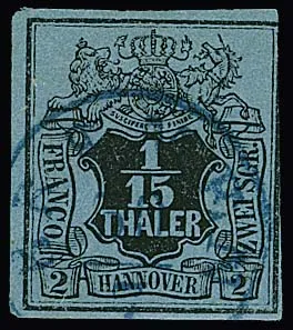 1/15 Th. schw./graublau mit seltenem kopfstehendem Wasserzeichen gestempelt, rechts etwas berührt, sonst gut. Eine seltene Marke, von der nur wenige Exemplare…