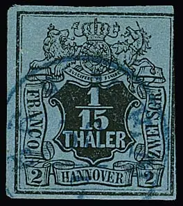 1/15 Th. noir/bleu-gris avec rare filigrane inversé oblitéré, à droite un peu touché, sinon bon. Un timbre rare, dont peu d'exemplaires sont connus, comme le confirme aussi le certificat Berger. Mi. 1300,-