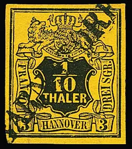 1/10 Th. noir/jaune avec petit défaut de plaque "point blanc à gauche devant le 1 supérieur", pièce de cabinet avec L1 noir presque complet "Barnstorf", signé Bühler