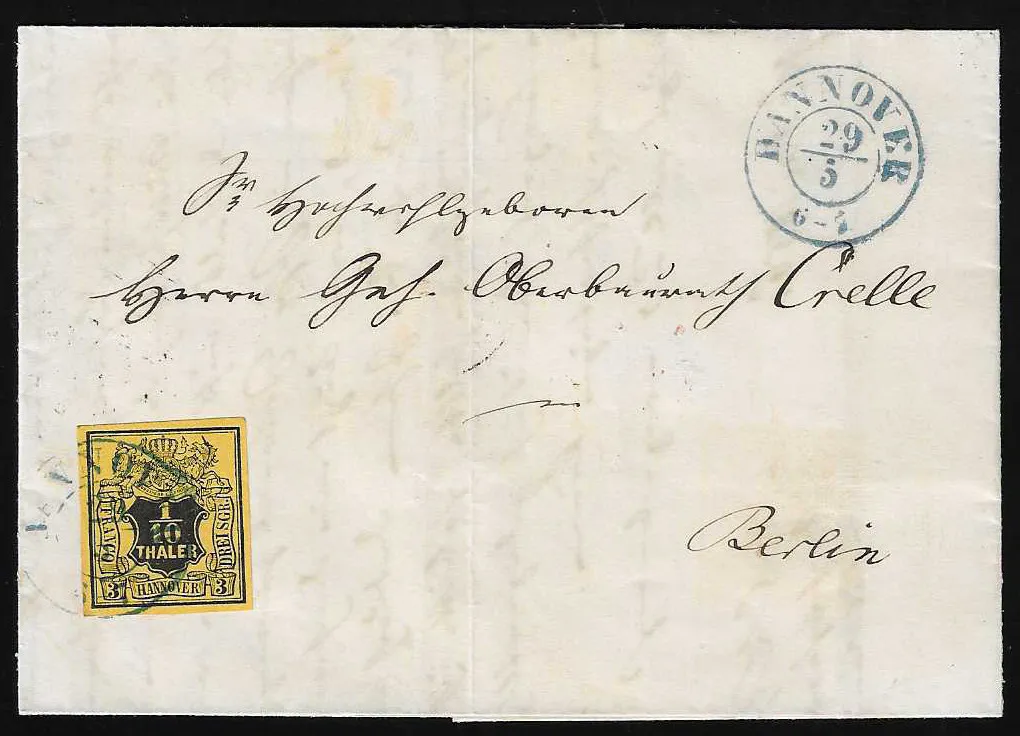 1/10 Th. noir/jaune foncé sur lettre de cabinet avec K2 "Celle" pour Berlin, là curieusement au verso au moyen de rouge "1" Sgr. frais de commande indiqués