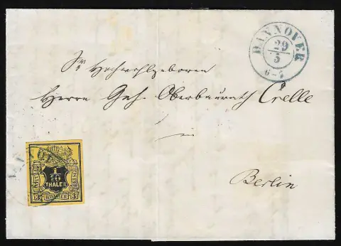 1/10 Th. noir/jaune foncé sur lettre de cabinet avec K2 "Celle" pour Berlin, là curieusement au verso au moyen de rouge "1" Sgr. frais de commande indiqués