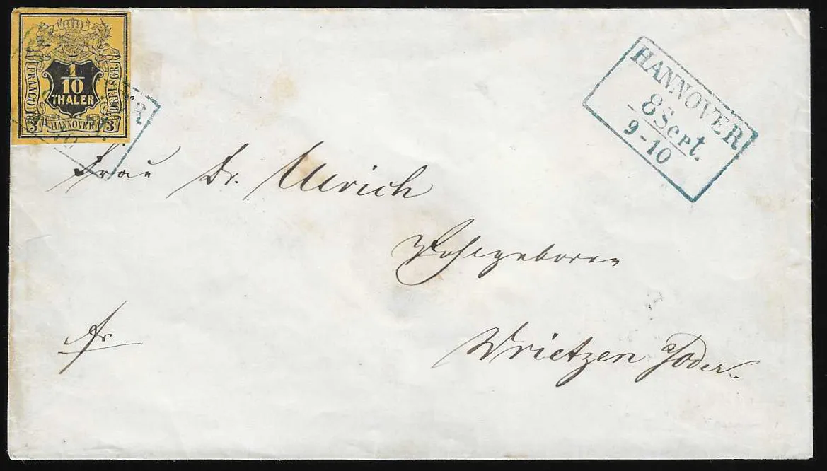 1/10 Th. black/dark yellow, deep colour, on magnificent cover with Ra3 "Hannover" to Wrietzen, reverse rare red letter box K1 "BK2"
