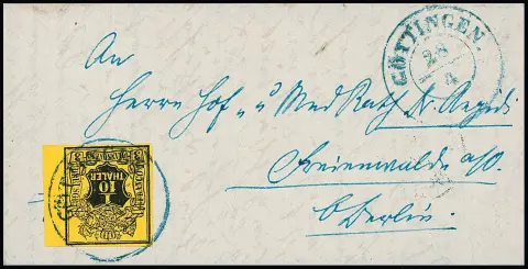 1/10 Th. noir/jaune avec large bord de feuille droit sur lettre de cabinet de Göttingen (K2) 1854 pour Freienwalde, adressée au Dr Karl Julius Aegidi…