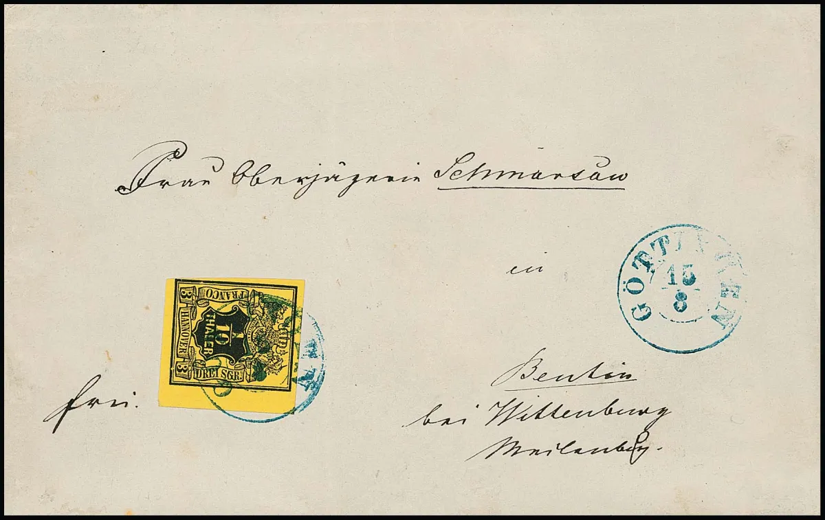 1/10 Th. schw./gelb mit breitem rechtem Bogenrand, Plattenfehler unten unter rechter "3", links vollrandig, auf Kabinettbrief mit K2 "Göttingen" nach…