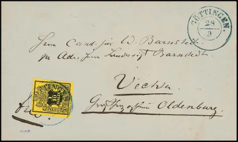 1/10 Th. noir/jaune avec petit défaut de plaque "renflement avec point blanc sur le bord en bas à gauche", pièce de cabinet sur enveloppe avec K2 "Göttingen" pour Vechta