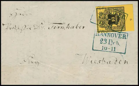 1/10 Th. noir/jaune, pièce de cabinet avec bord inférieur et numéro de rangée "9" sur lettre (sans rabats latéraux au verso, sans importance) de Hanovre à Wiesbaden, expertise photo Berger