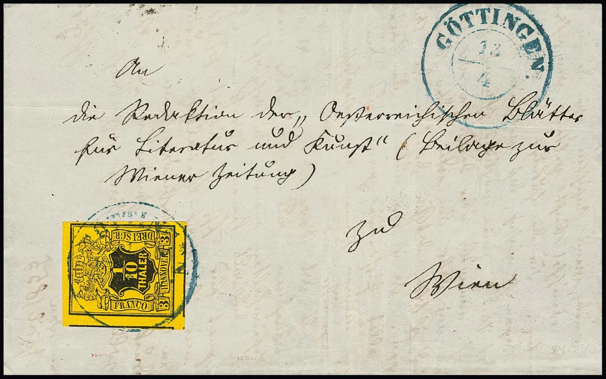 1/10 Th. schw./gelb, überrandig (drei Nebenmarken), auf Kabinettbrief von Göttingen nach Wien