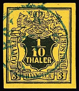 1/10 Th. schw./gelb, gut sichtbarer Plattenfehler "fehlender Huf des Einhorns", breitrandiges Kabinettstück mit K1 von Bremen, Mi. 240,-