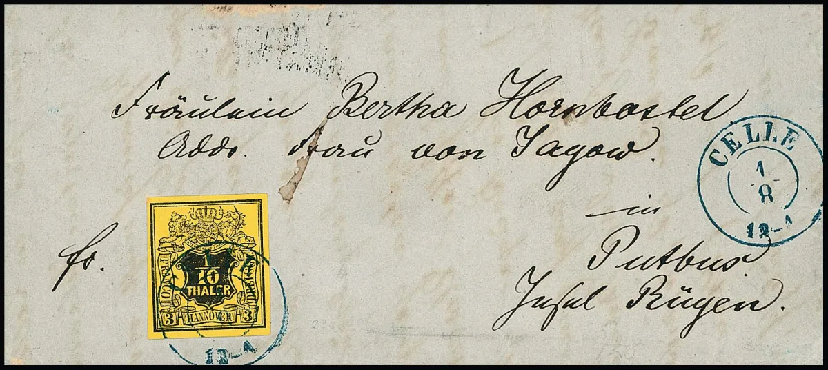 1/10 Th. noir/jaune, pièce de cabinet avec défaut de plaque "F au lieu de T dans THALER" sur lettre (petite tache marginale en haut) avec K2 "Celle", photoexp. Berger. Mi. 380,-