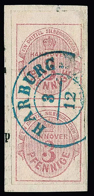 3 Pfge. rose, paire de bord supérieur bien margée (une valeur avec min. fente) sur fragment décoratif avec K2 "Harburg" centré. Mi. 1000,-