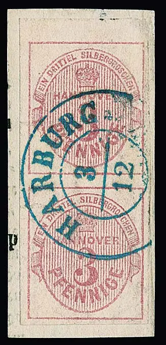 3 Pfge. rose, paire de bord supérieur bien margée (une valeur avec min. fente) sur fragment décoratif avec K2 "Harburg" centré. Mi. 1000,-