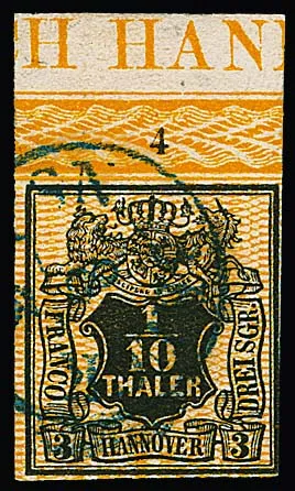 1/10 Th. noir/orange, à droite légèrement touché, avec bord de feuille supérieur complet (n° de rangée "4") et inscription marginale rare "H HANN", signé Berger, Starauschek