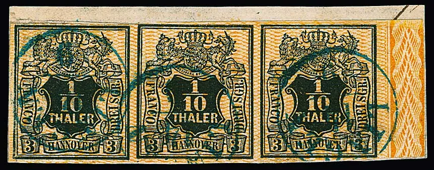 1/10 Th. brun-orange, de cette marque très rare bande de trois avec bordure sur fragment de lettre avec K1 "Lingen", malgré des compléments de bordure une pièce décorative, photo exp. Berger. Mi. 2000,- + bordure, il n'existe qu'environ cinq bandes de trois oblitérées de cette marque !