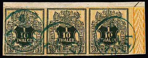 1/10 Th. brun-orange, de cette marque très rare bande de trois avec bordure sur fragment de lettre avec K1 "Lingen", malgré des compléments de bordure une pièce décorative, photo exp. Berger. Mi. 2000,- + bordure, il n'existe qu'environ cinq bandes de trois oblitérées de cette marque !