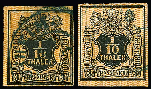 1/10 Th. brun-orange, deux valeurs (une fois avec gomme), toutes deux avec la même erreur de plaque (qui est par exemple aussi enregistrée chez nous sur une bande de trois), "0 sur 10 comme Q et coin supérieur droit biseauté"
