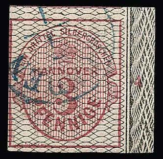 3 Pfge. carmin, noir quadrillé, rare bord droit de feuille avec numéro de rangée "4", à gauche encore pleine marge et impeccable