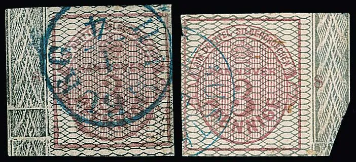 3 Pfge. carmine, black netted, left border piece with Rz. "6" and clear border break, K1 "Hamburg", right margin added, plus 3 Pfge. carmine, grey network, with right sheet margin and Rz. "8", tiny roughened, photo exp. Berger